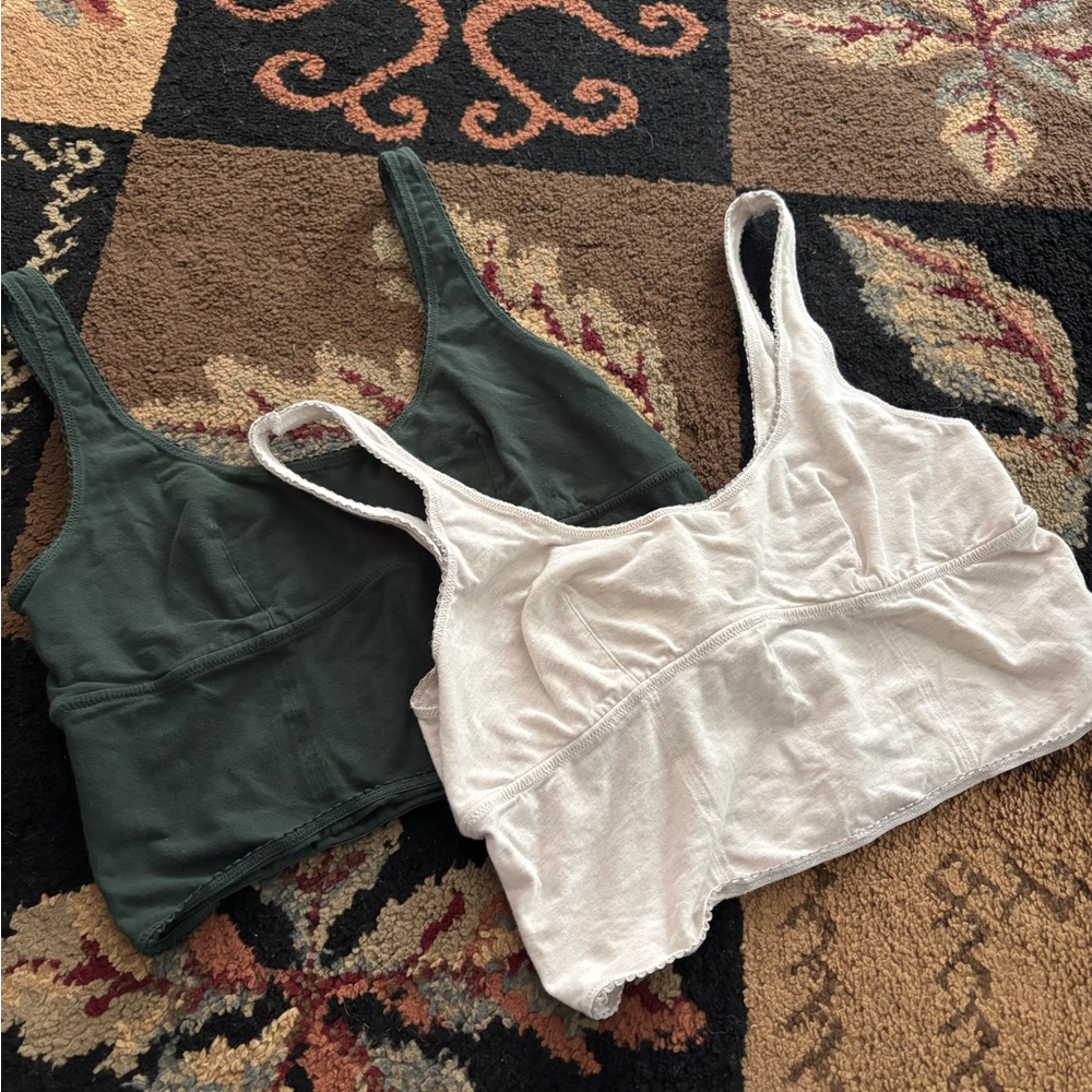 Aerie Superchill Bralettes in Dark Green and Light Cream
